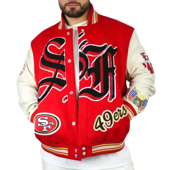 Model front view JH San Francisco 49ers Varsity Jacket