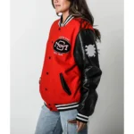 Model front view wearing Spider-Man NYC 1962 Varsity Jacket.