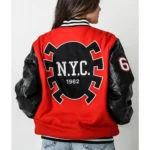 Model front view wearing Spider-Man NYC 1962 Varsity Jacket.