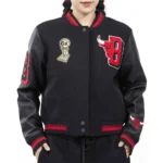 Model wearing Chicago Bulls Mashup 6X Varsity Jacket front view.