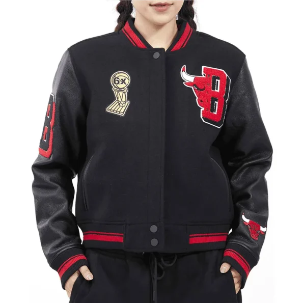 Model wearing Chicago Bulls Mashup 6X Varsity Jacket front view.