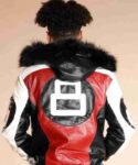 Model wearing 8 Ball Shearling Hooded Leather Jacket front view