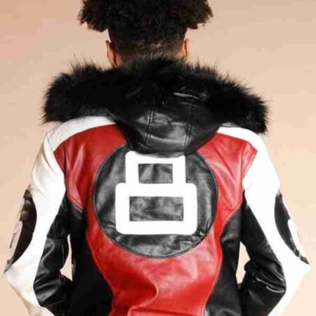 Model wearing 8 Ball Shearling Hooded Leather Jacket back view