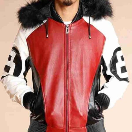 Model wearing 8 Ball Shearling Hooded Leather Jacket front view