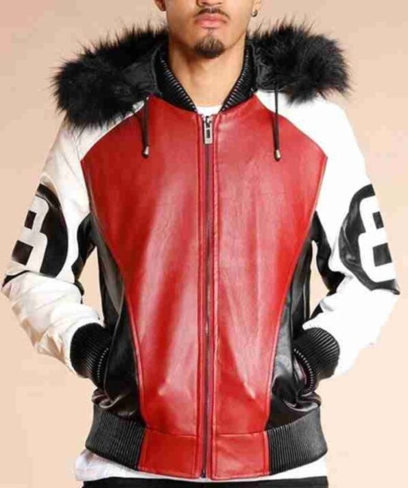 Model wearing 8 Ball Shearling Hooded Leather Jacket front view