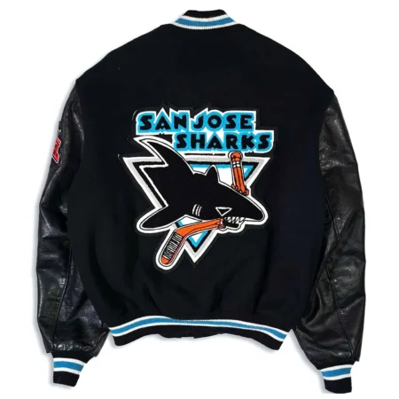 Back view of 90s San Jose Sharks Varsity Jacket.