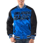 Model wearing Orlando Magic Renegade Varsity Jacket front view