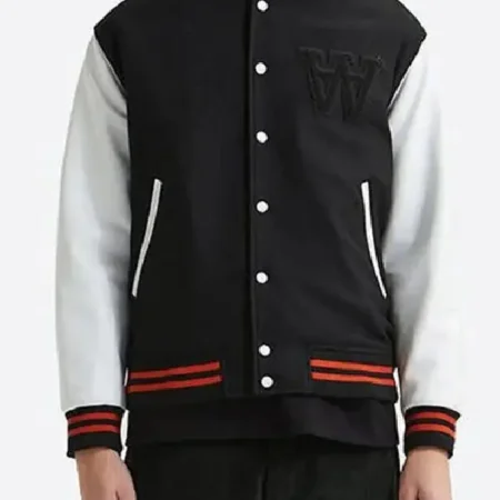 Model wearing Gabriel Black and White W Varsity Jacket front view