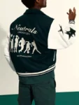 Model in Neutrals Country Club Varsity Jacket, front view