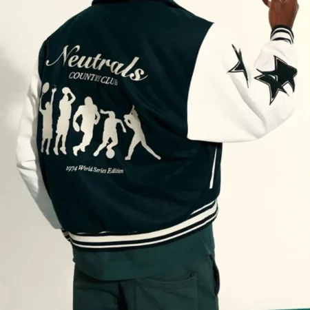 Model wearing Neutrals Country Club Varsity Jacket back view