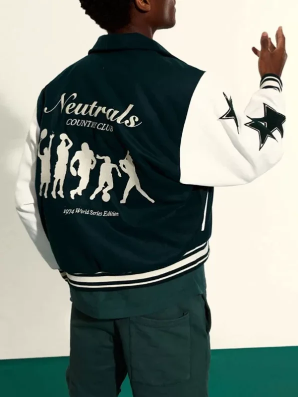 Model wearing Neutrals Country Club Varsity Jacket back view