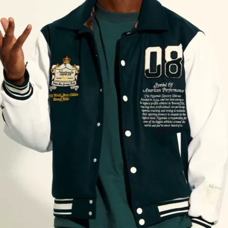 Model wearing Neutrals Country Club Varsity Jacket front view