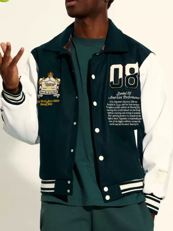 Model wearing Neutrals Country Club Varsity Jacket front view