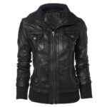 Front view of Double Collar Womens Leather Jacket