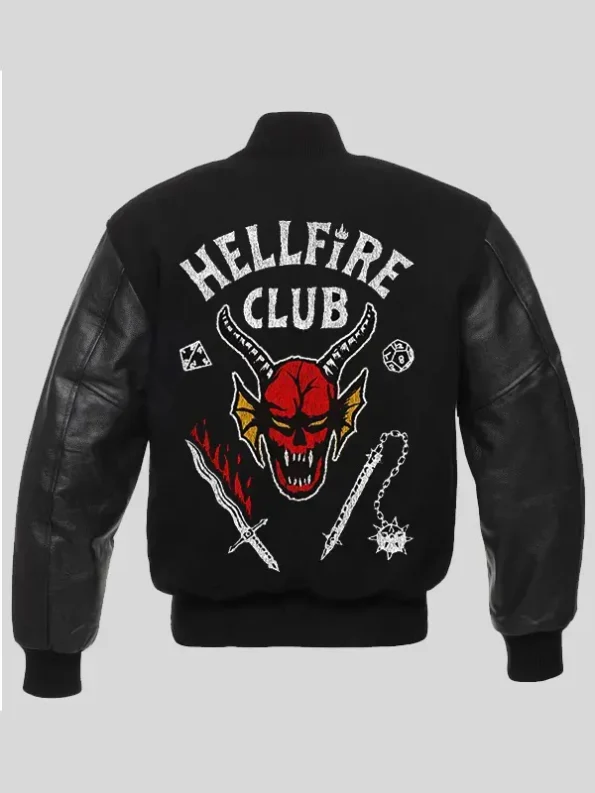 Back view of Stranger Hellfire Club Varsity Jacket