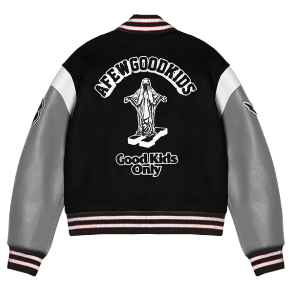 Lucky 8 varsity jacket back view, graphic design featured.