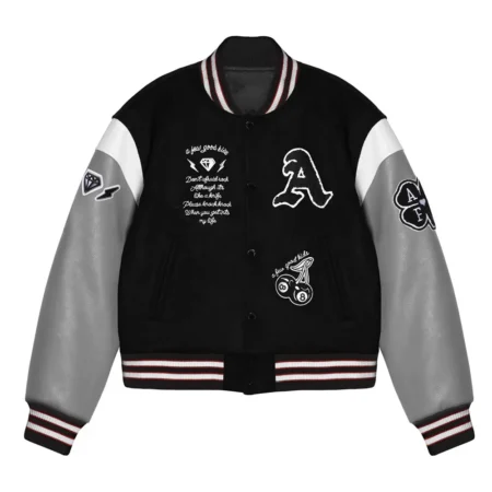 Lucky 8 A Few Good Kids Varsity Jacket front view, black and white.