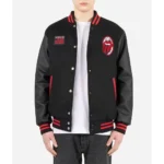 Model in AC Milan Rolling Stones Varsity Jacket Front.