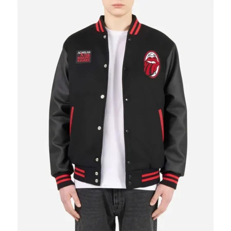 Model wearing AC Milan Rolling Stones Varsity Jacket front.