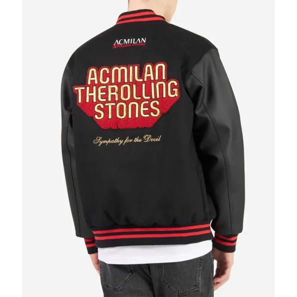 Model wearing AC Milan Rolling Stones Varsity Jacket back.