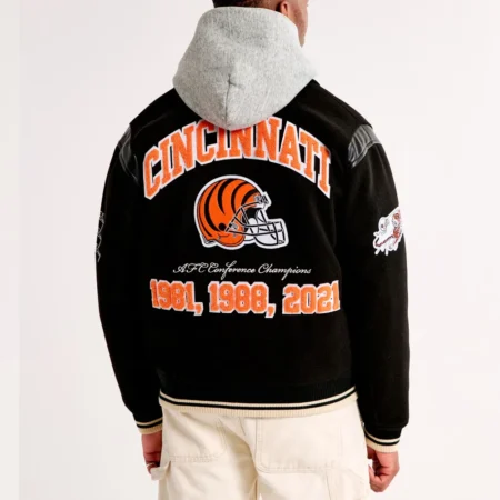 Model showcasing Cincinnati Bengals AFC Varsity Jacket back.