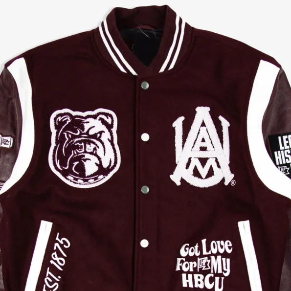 Close-up of Alabama AM University Varsity Jacket logo and details.