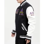 Model front view wearing Alcorn State University Varsity Jacket.