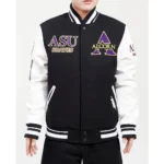 Model front view wearing Alcorn State University Varsity Jacket.