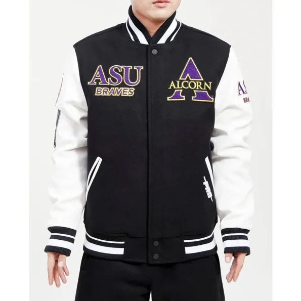 Model wearing Alcorn State University Varsity Jacket front view.