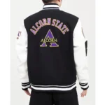 Model front view wearing Alcorn State University Varsity Jacket.