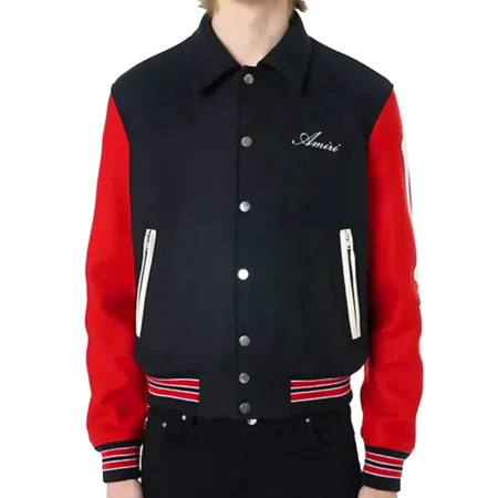 Model showcasing Amiri Bones Varsity Black and Red Jacket front.