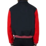 Model inAmiri Bones Varsity Black and Red Jacket Front