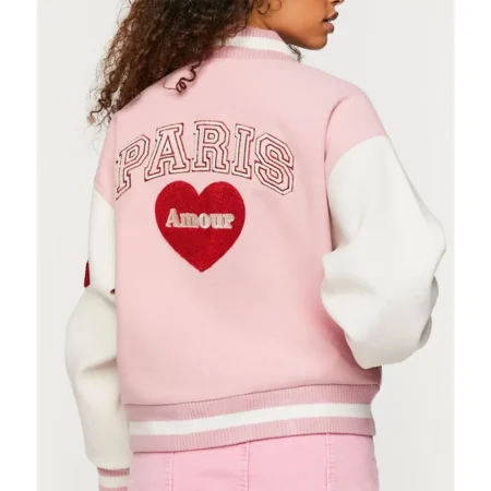 Model wearing Amour Paris Pink Varsity Jacket back.