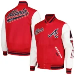 Front and back view of Atlanta Braves Script Varsity Jacket.