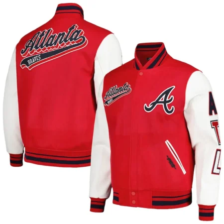 Atlanta Braves Script Red Varsity Jacket front and back view.