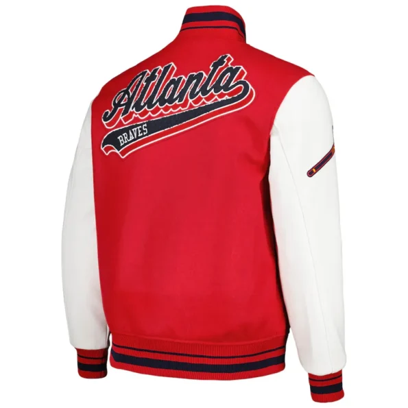 Atlanta Braves Script Red Varsity Jacket back view with logo.