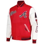 Front and back view of Atlanta Braves Script Varsity Jacket.