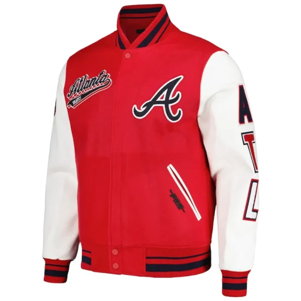 Atlanta Braves Script Red Varsity Jacket front view with team script.