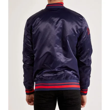 Model wearing Atlanta Braves World Series Varsity Jacket back