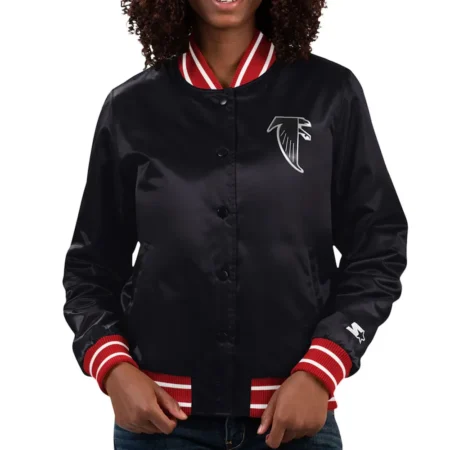 Model front view wearing Atlanta Falcons Black Full Varsity Jacket