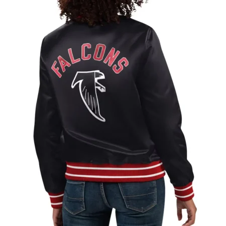 Model back view wearing Atlanta Falcons Black Full Varsity Jacket