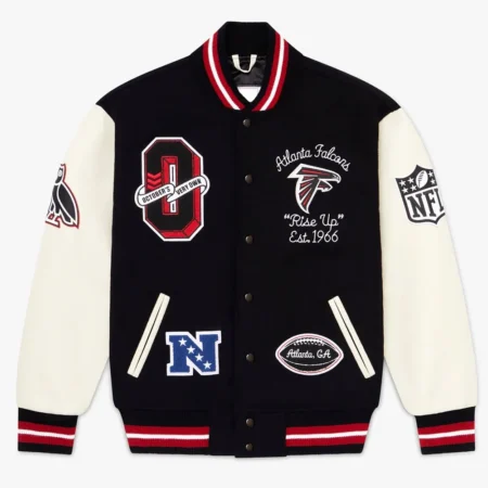 OVO Atlanta Falcons Varsity Jacket front view, black and red