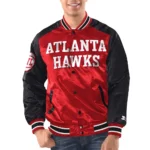 Model wearing Atlanta Hawks Renegade Varsity Jacket front view