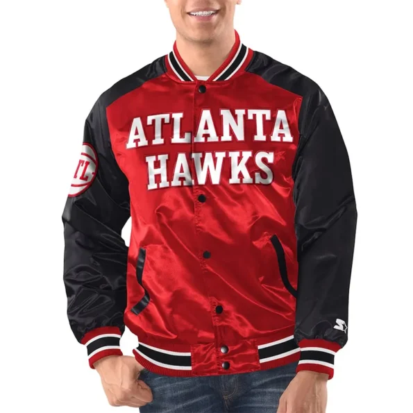 Model wearing Atlanta Hawks Renegade Varsity Jacket front look