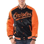 Model in Baltimore Orioles Varsity Satin Jacket Front