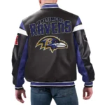 Model front view wearing Baltimore Ravens Varsity Jacket.