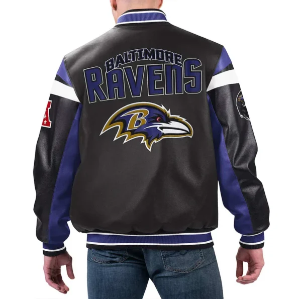 Model wearing Baltimore Ravens Varsity Leather Jacket back view.