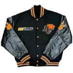 Front view of BC Lions White Head Black Varsity Jacket.