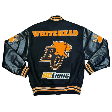 Back view of BC Lions White Head Black Varsity Jacket.