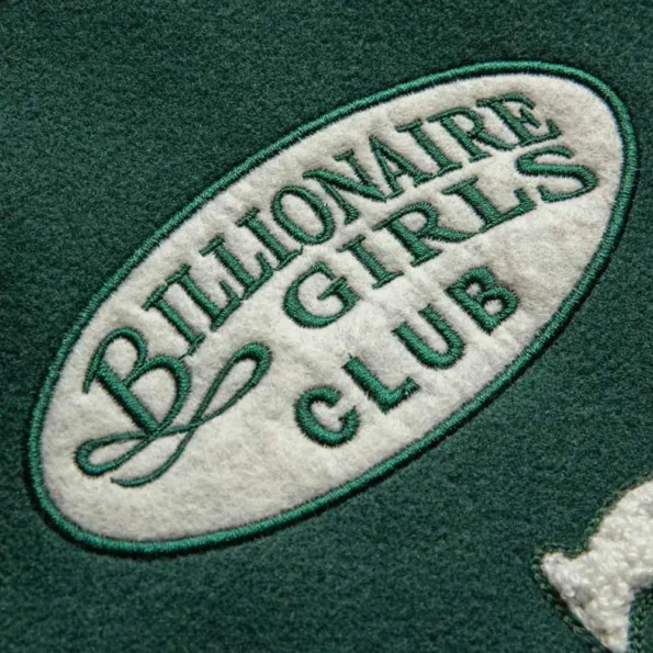 Close-up of Billionaire Girls Club Varsity Jacket details